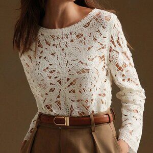 White Crochet Women's Casual Long Sleeve Sweater with Hollow Tree Pattern